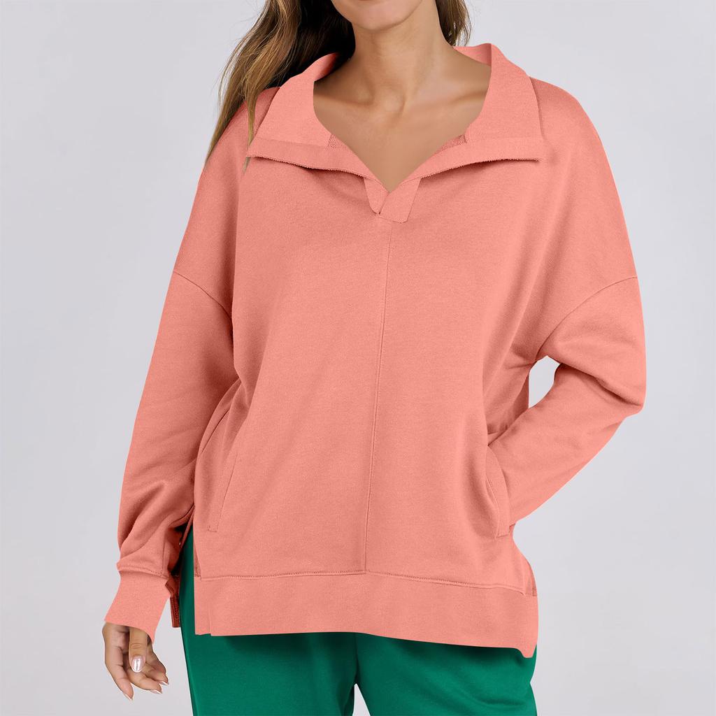 Женская мода повседневная однотонная толстовка с V-образным вырезом и карманом, с длинным рукавом