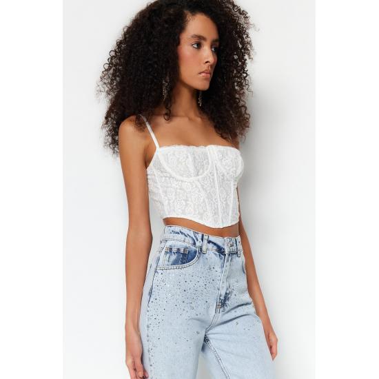 Crop Lined Corset Detailed Lace Bustier