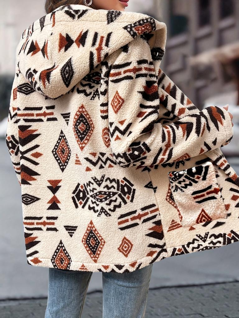 Женское флисовое пальто с капюшоном и геометрическим принтом ацтеков - Повседневная зимняя куртка средней длины с передними карманами, машинная стирка и застежка на одну пуговицу