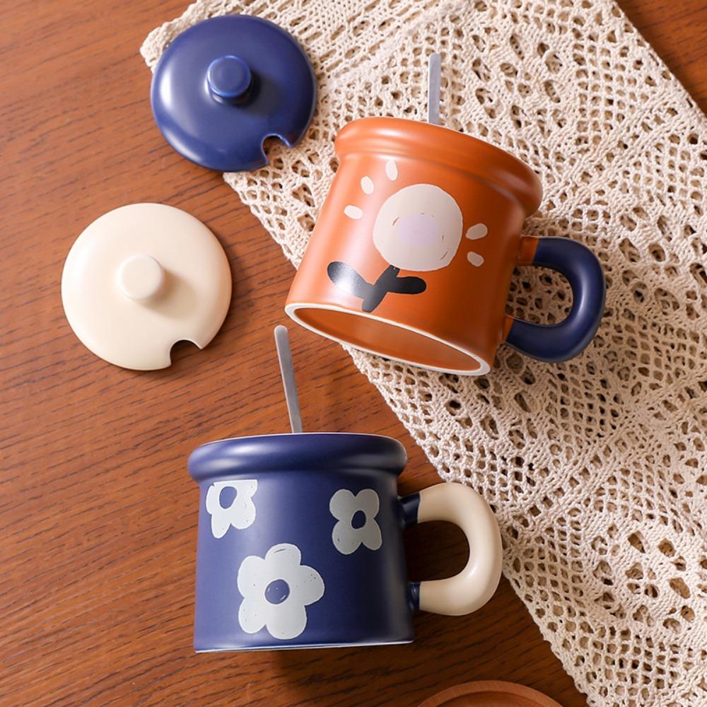 Japanese Creative Flower Ceramic Cup Retro Mug with Lid High Value Souvenir Coffee Cup Household Water Cup
