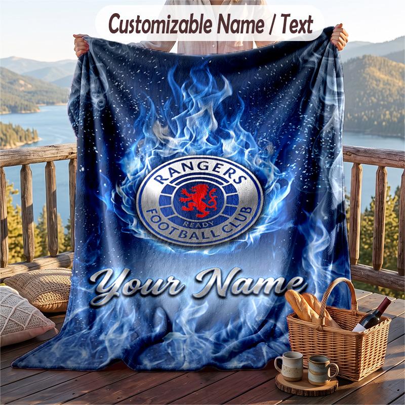 Flannel Blanket Rangers FC Print Custom Name Text Soft Throw for Sofa Bed