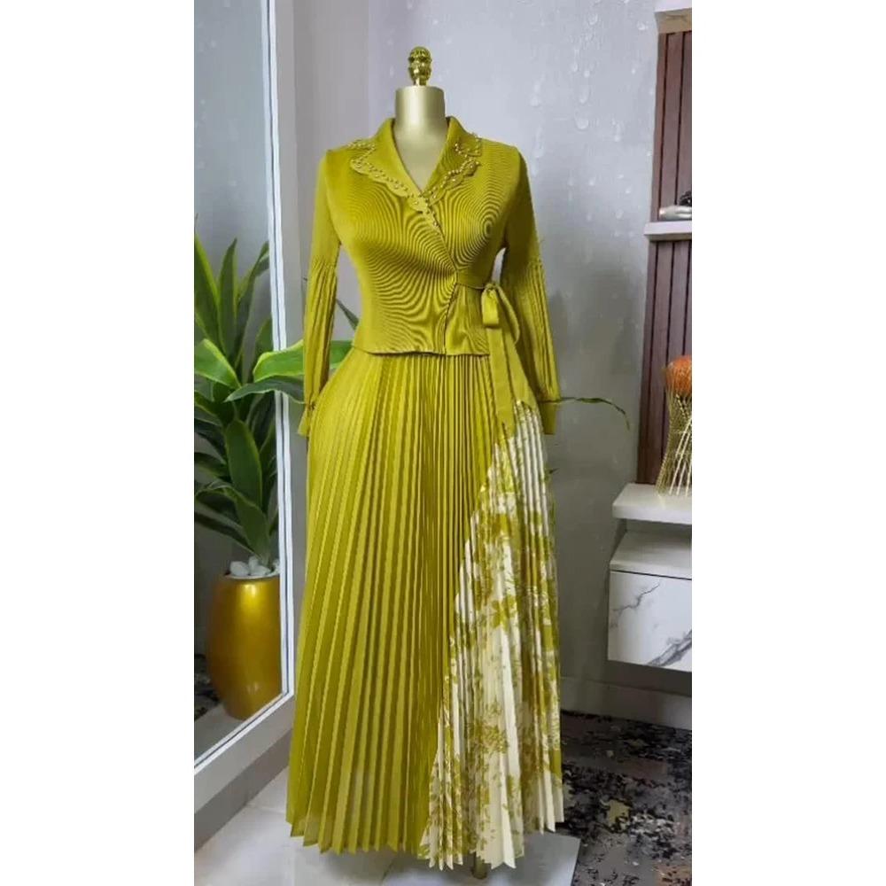 Новое плиссированное платье А-силуэта, элегантный костюмный воротник, средняя длина, утягивающая талия, стройнящая женская юбка со складками