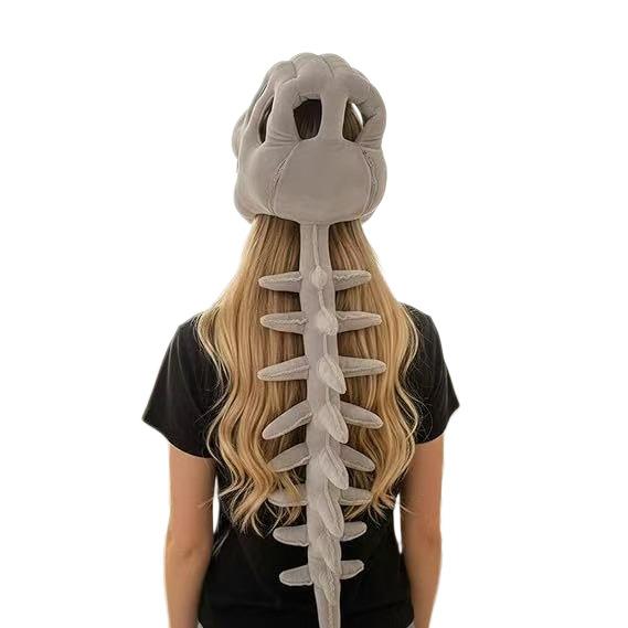 Off-white Plush Dinosaur Skeleton Mask—A T. rex headpiece with a spine and tail, perfect as a fun, wearable toy for Halloween and concerts