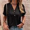 Летняя женская повседневная блузка с коротким рукавом, V-образным вырезом и пуговицами, однотонная, модная весенняя