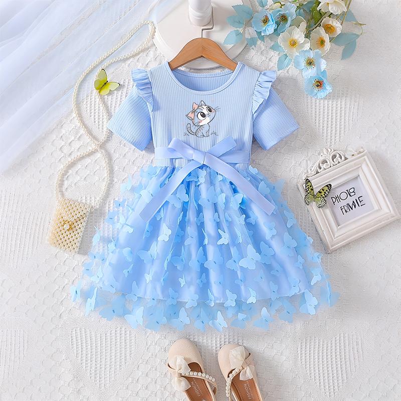 Girls Butterfly Tulle Dress, Kitten Print,Cute Princess Party Dress with Bow, Short Sleeve Summer Dress for Little Girls