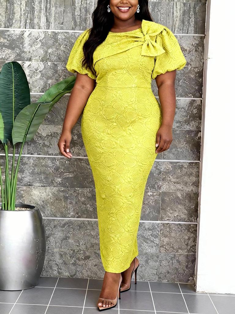 Женское жакардовое платье-футляр с бантом и пышными рукавами для полных, стройнящее, вечернее