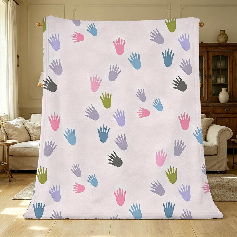 Cozy Thick Warm Flannel Blanket - Colorful Handprint Design, Soft Skin-friendly Single Blanket for Home, Guest Room, Christmas & Halloween