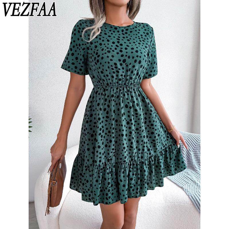 VEZFAA Women's Fashion Summer Spring Polka Dot Print Short Sleeve O-Neck High Waist Casual Dresses