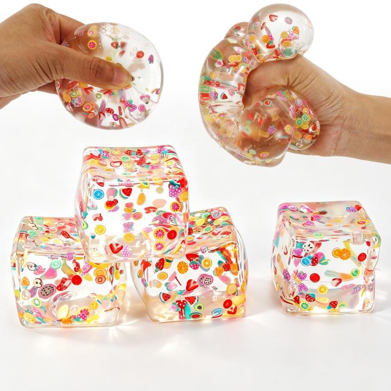 Colorful Cut Fruit Confetti Transparent Cube Squeeze Toy Soft Fidget Toy for Christmas Stocking Stuffers