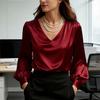 Женская рубашка с длинным рукавом, V-образным вырезом, рукавами-буфами, атласной текстуры, пуловер, однотонная, свободного кроя, для работы, вечеринки, свидания, путешествий, повседневная
