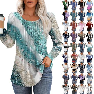 Женская повседневная плиссированная футболка с круглым вырезом и длинными рукавами с принтом