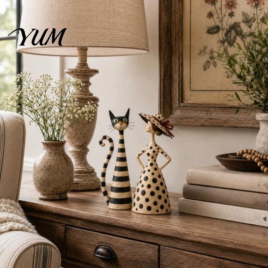 Collectible Art Figurines Vintage Polka Dot Dress Lady/Striped Cat Figurine, Retro Resin Desktop Ornament Unique Home Decor Accents for Decor,