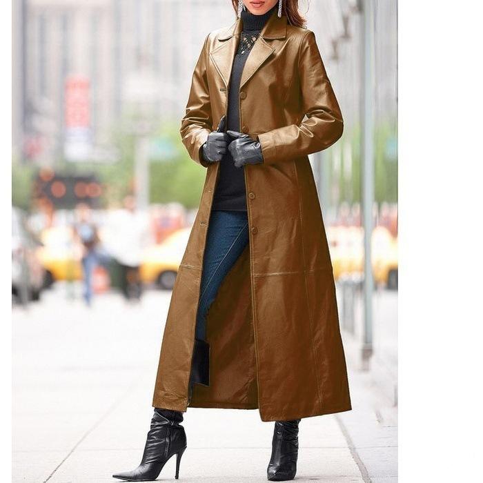 Autumn and Winter Coat European and American Women's Buttoned Leather Coats Extra Long Slim Fit Plus Size Leather Windbreaker Women
