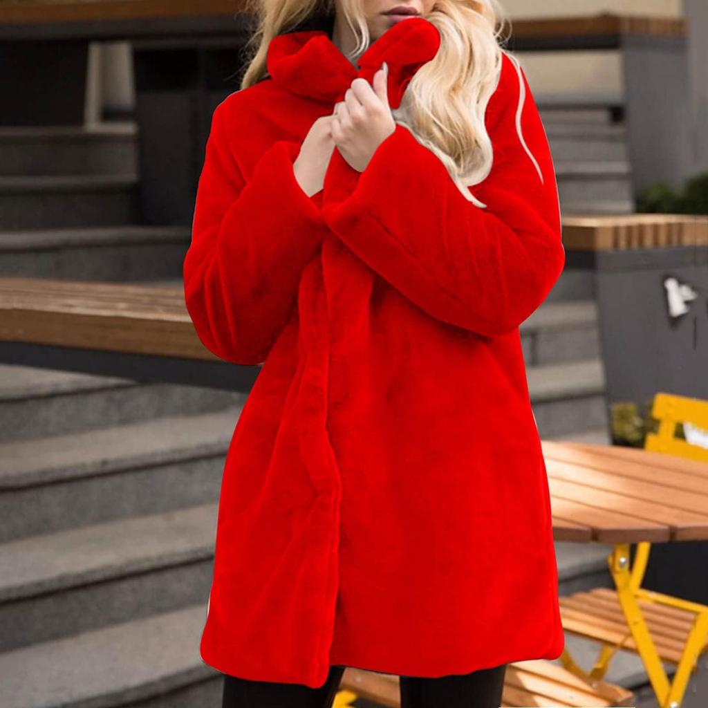 Women's Winter Faux Belt Pocket Plush Warm Jacket Notch Lapel Coat Outerwear Mid-Length