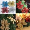 10PCS Simulate Christmas Flowers Xmas Tree Red Flowers Hollow Out Flowers Gold Powder for Holiday Ornament Christmas Decorations