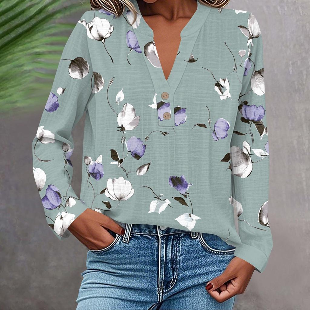 Женская модная и повседневная рубашка с длинным рукавом, V-образным вырезом, на пуговицах, с принтом, блузка, топ