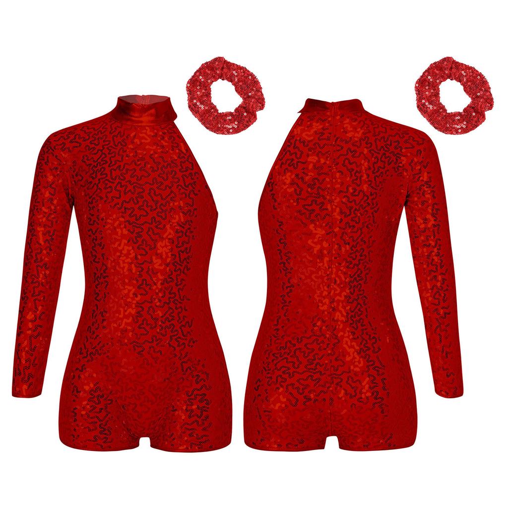 Girls Sparkly Sequin Gymnastics Leotard One Shoulder Long Sleeve Bodysuit with Hair Tie Jazz Dancewear