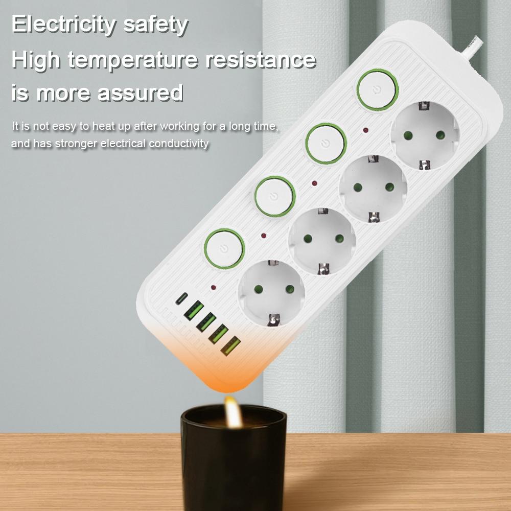 Вилка европейского стандарта с несколькими розетками и портами USB Type C. Кабель-удлинитель длиной 2 м. Независимая розетка управления. Сетевой фильтр. Электрический переменный ток.