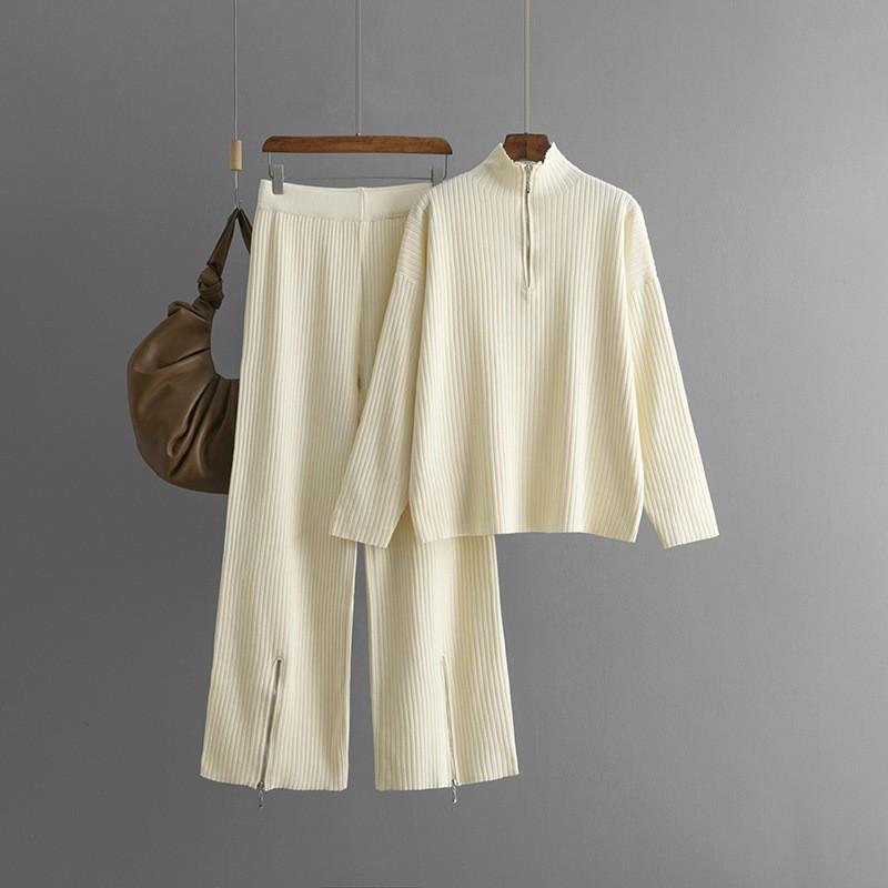 Теплый зимний свитер с высоким воротом, ребристый, однотонный, на молнии, с широкими штанами, комплект из 2 предметов для отдыха для женщин на осень 2024 года, мягкий, уютный наряд