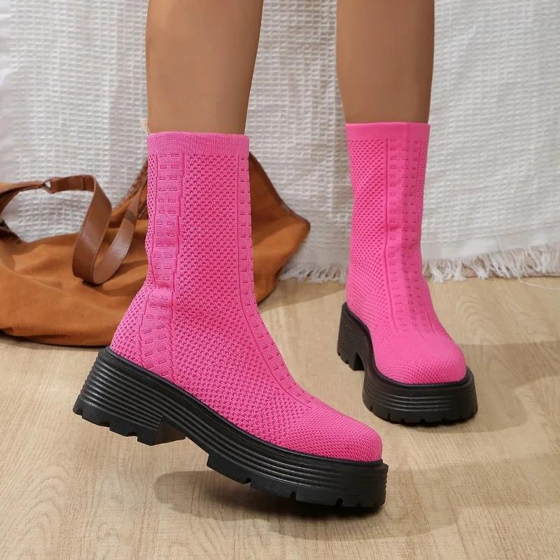 Fashion Women's New Autumn Thick-soled Single Boot Round Head Knitted Cover Foot Anti-slip Wear-resistant Ankle Boots