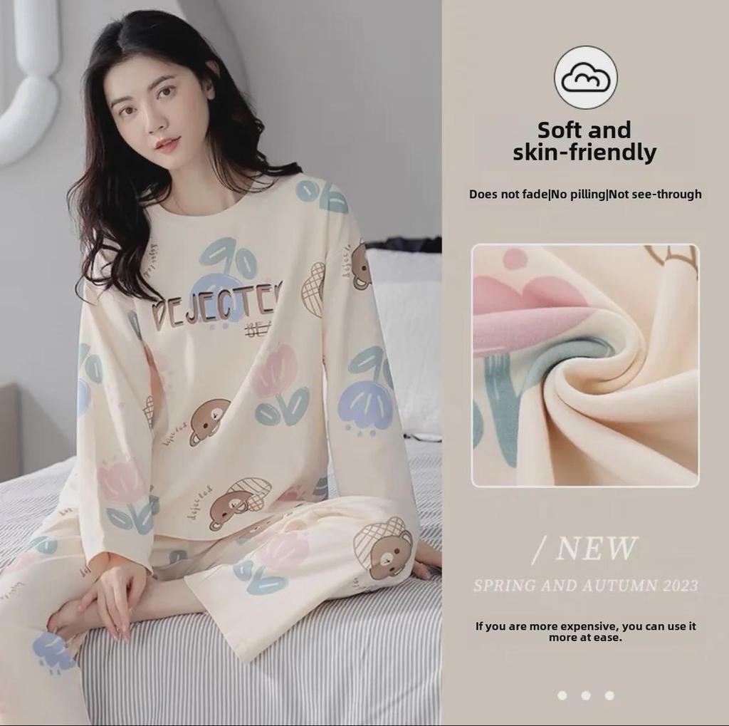 Женский пижамный комплект весна/осень: Длинный рукав, мультяшный дизайн, свободный крой, нагрудные накладки, подходит для использования в помещении и на улице.