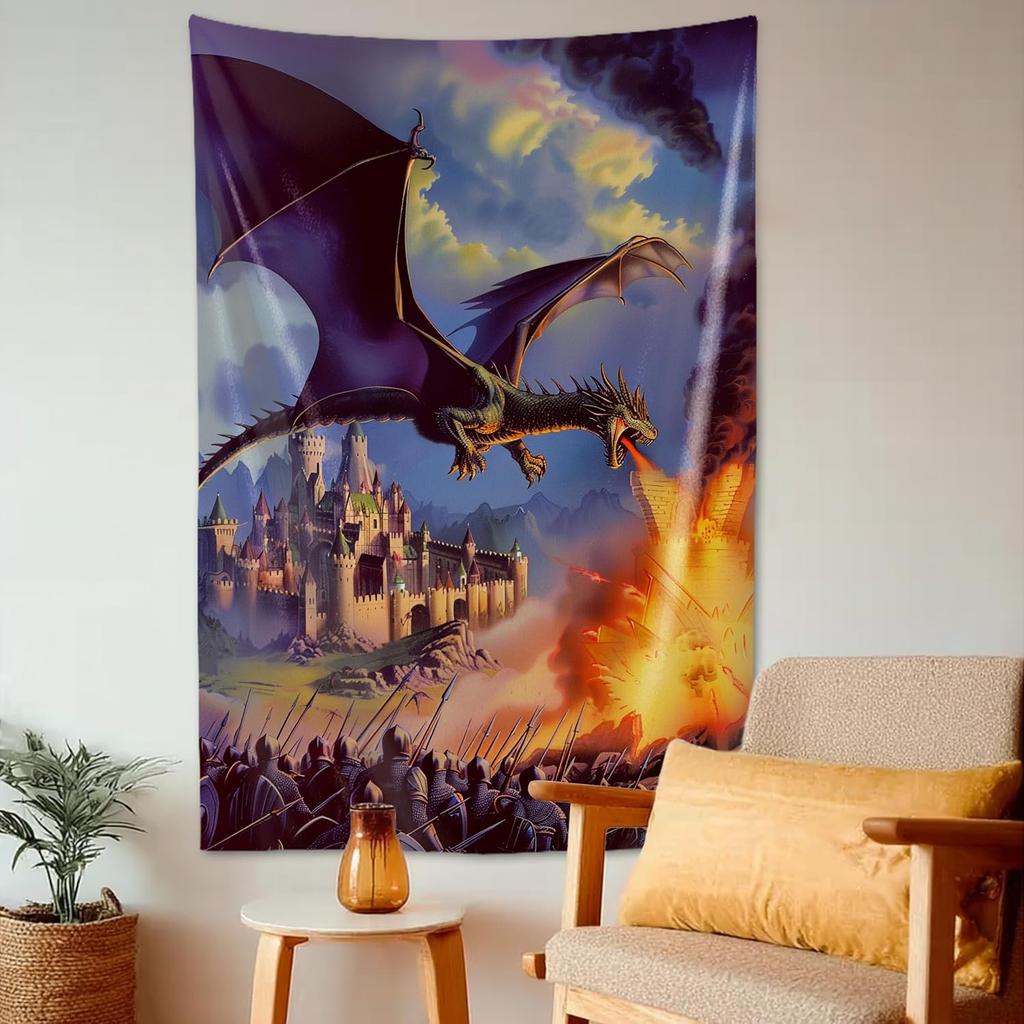 Vintage Dragon Tapestry, Whimsical Print with Fire-Breathing Dragon, Castle Siege and Armored Knights in Battle for Cozy Home