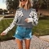 Fall and Winter Women's Arm Leopard Pattern Knit Long Sleeve Pullover Wool Sweater