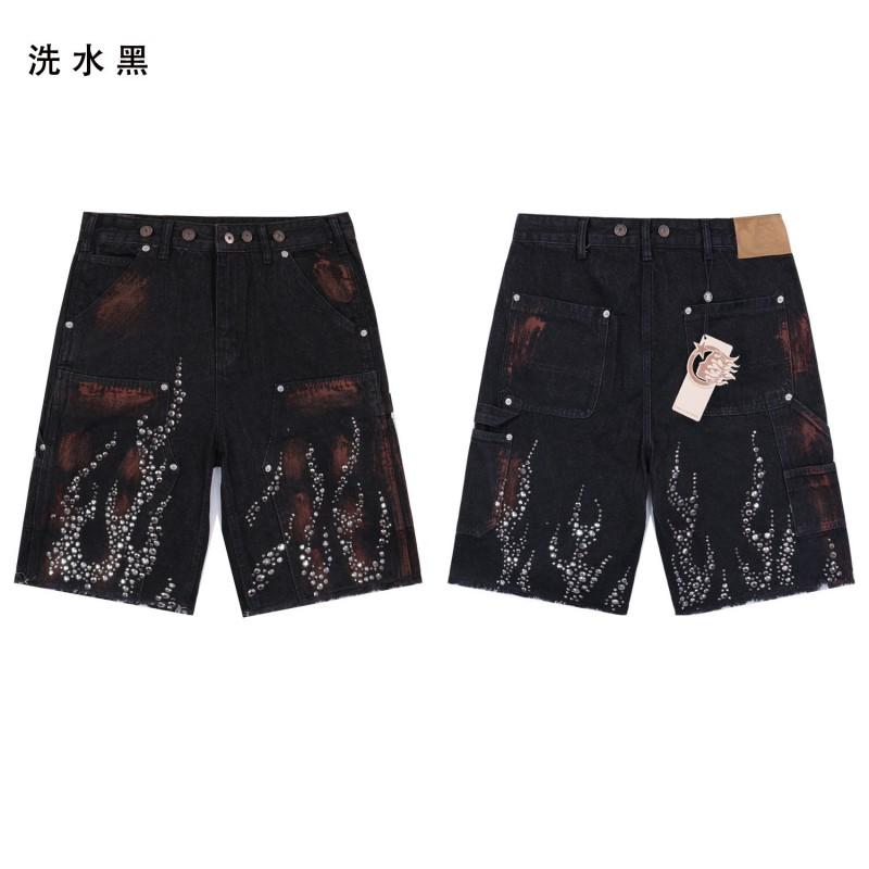 Mens Distressed Washed Denim Shorts With Rhinestone Embellishment Loose Fit Straight Cut Streetwear Short Pants