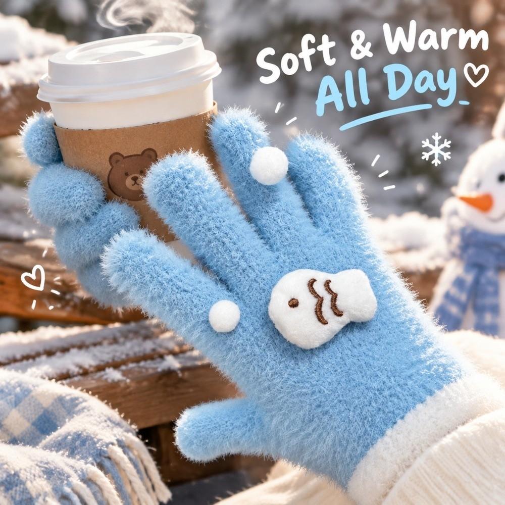 Cycling Plush Winter Gloves Cold Proof Fish Bubble Gloves Soft Outdoor Cold Gloves Girls