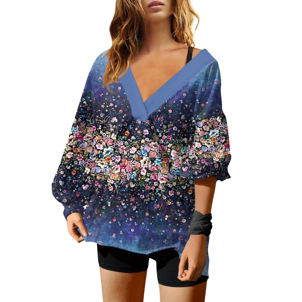 Женская мода ретро принтованный V-образный вырез длинный рукав свободный пуловер свитшот топ