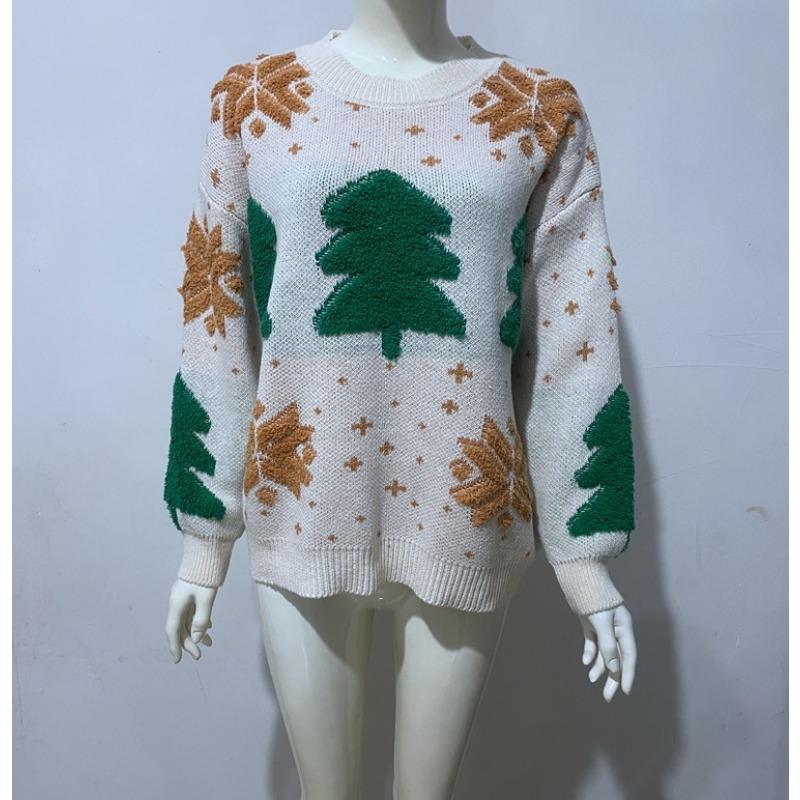 Women Loose Crew Neck Pullover Sweater With Snowflake Christmas Tree Pattern