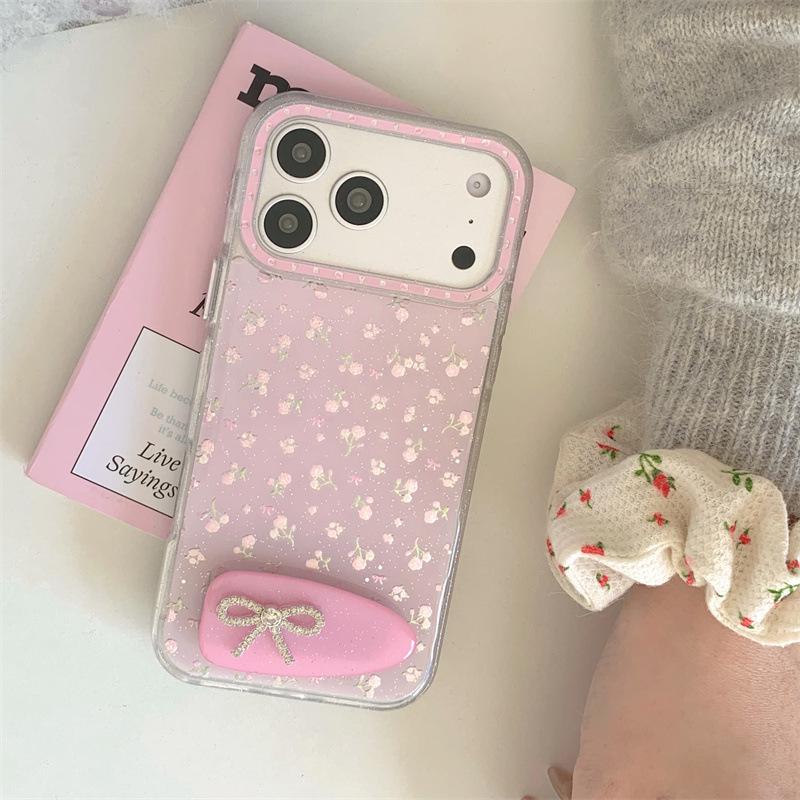 Розовый чехол для телефона с цветочным принтом, пайетками и бантом для iPhone 17 Pro Max/16/15/14