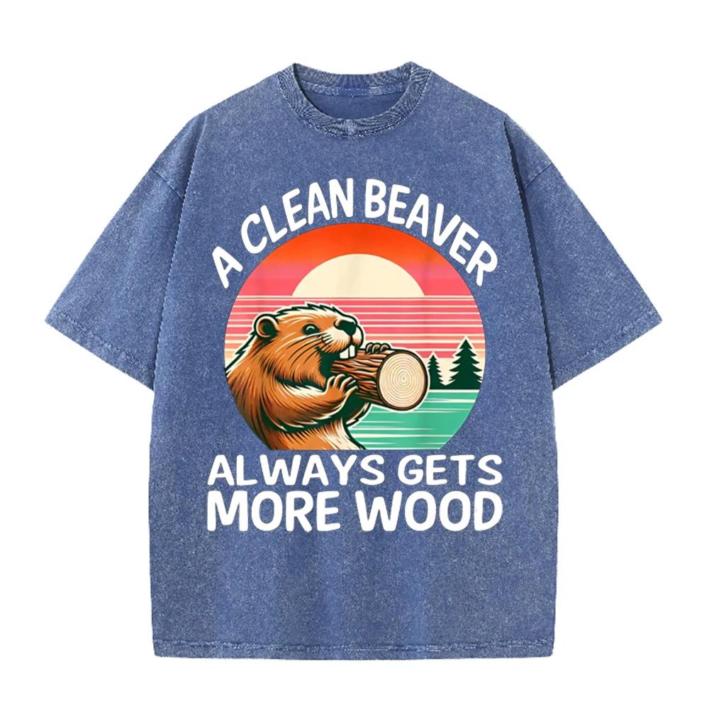 2026 Vintage Sunset Forest Beaver Holding Log Graphic Black Washed T Shirt Funny Wildlife Outdoor Casual Oversized Unisex Short
