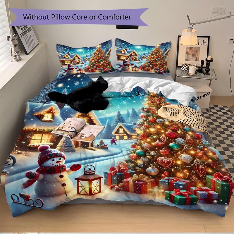 3Pcs Christmas Night Wonderland Bedding Set Quilt Cover Pillowcase Home Christmas Xmas Halloween Gift 1 Duvet Cover 2 Pillowcase S921397