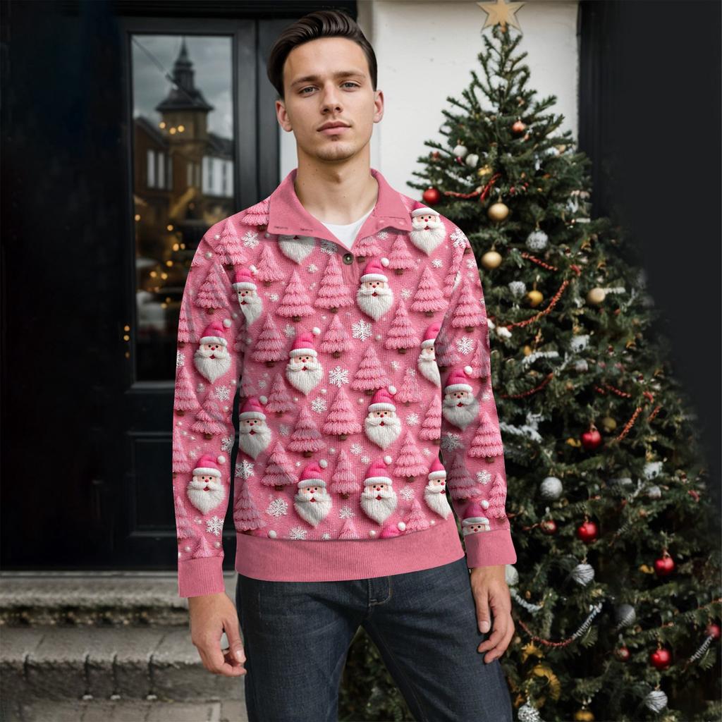 Men's Christmas Cotton Pullover Long Sleeve Outdoor Shirt Vintage Corduroy Button Stand Collar Shirt Casual Sweatshirt Christmas Print Top