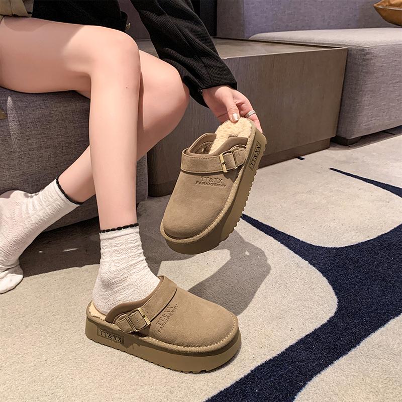 Женские меховые тапочки 2024 года, зимняя хлопковая обувь, толстая подошва, теплый носок, полутапочки, домашние ботинки с открытой пяткой, шлепанцы