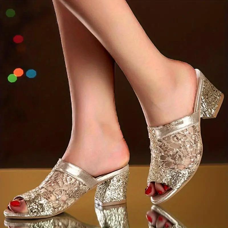 Sparkling Women's Chunky Heel Sandals with Breathable Mesh and Glitter Sequins Perfect for Fashionable Open Toe Carnival Pumps