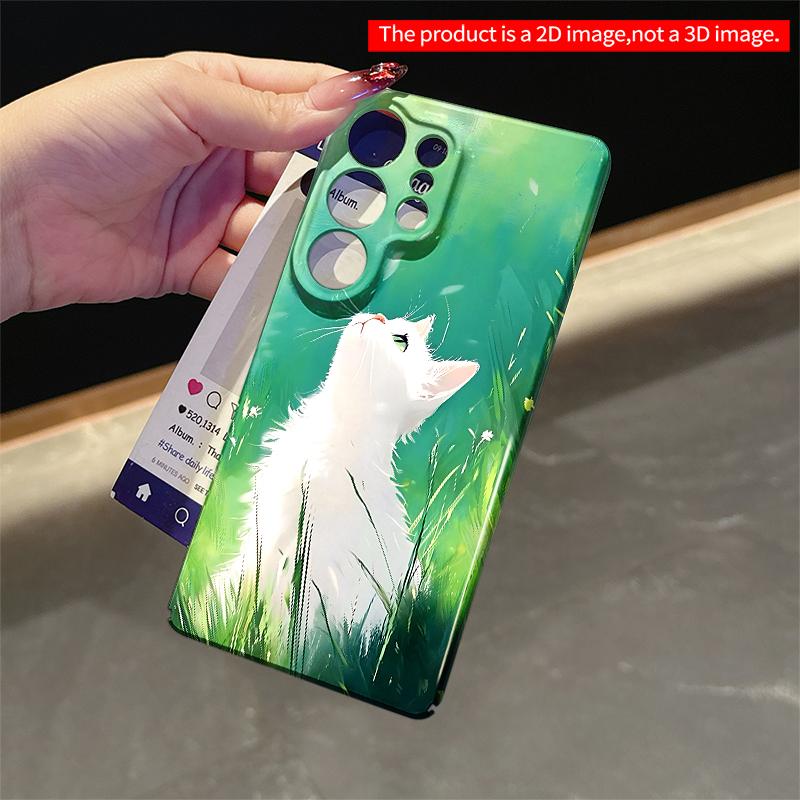 2DFlat Samsung phone case White Cat in Green Meadow Art Print Applicable to Galaxy S23 S24 S25ULTRA S26 A12 A14 A15 A16 A54 A55