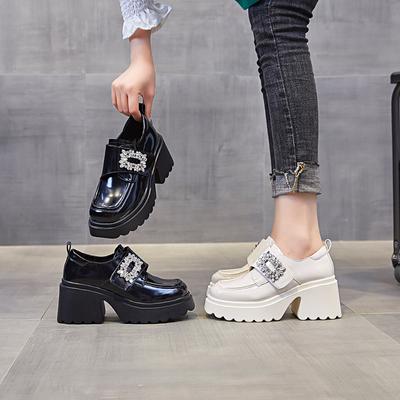 Женская обувь из натуральной кожи, ретро-обувь из британской кожи, осень 2024, новые элегантные женские туфли на каблуке, высококачественные мокасины со стразами