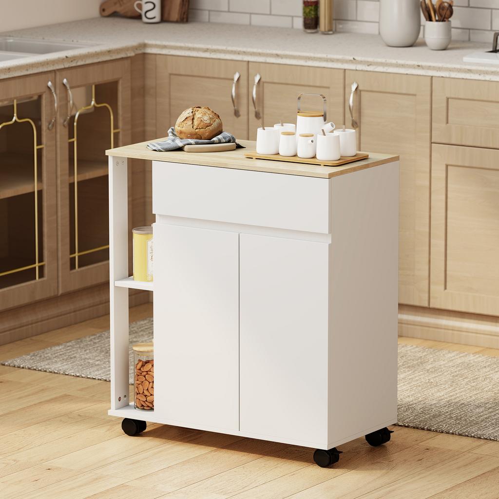 Kitchen Storage Trolley Cart with Cabinet, Drawer and Open Shelves, White