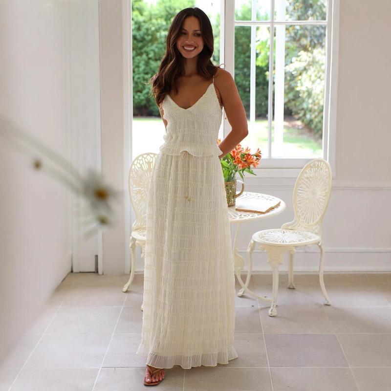 Women's Summer New Solid Colour Elegant Chiffon Halter Long Cake Skirt Hundred Folds Lace Long Skirt Suit