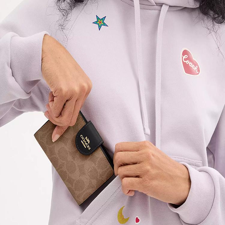 New COACH Leather Wallet Medium Size Women's Tan & Black CW786-IMQRX