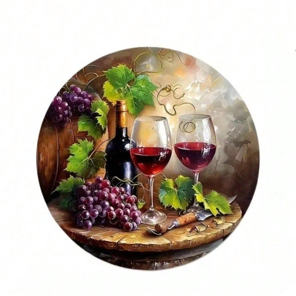 2D Круглая настенная art-декор для винного бара - Элегантный декор с лозой и бокалом - Металлическая жестяная табличка для дома, ресторана, кухни