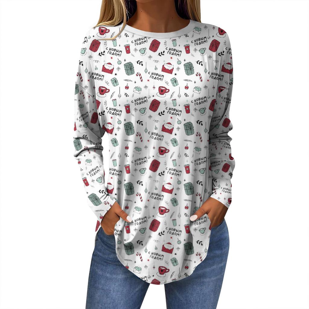 Женская модная повседневная футболка с круглым вырезом и длинным рукавом с рождественским принтом