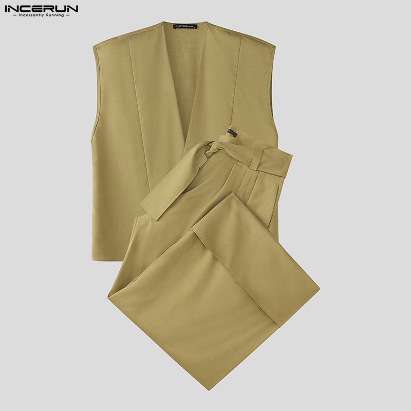 INCERUN Two Pieces Sets Men Sleeveless Tops and Long Loose Pants Outfits