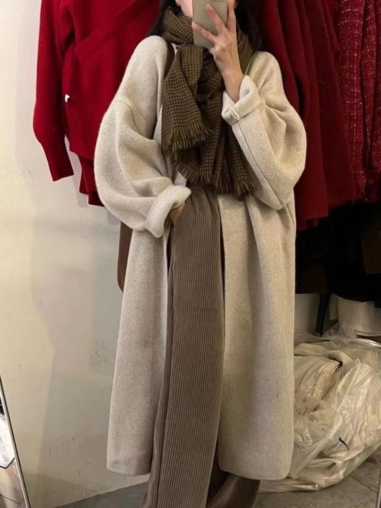 Ladies' Autumn and Winter Lazy Style Soft and Sticky Design Sense Solid Color Retro Long Sweater Jacket Knitted Cardigan Coat for Women