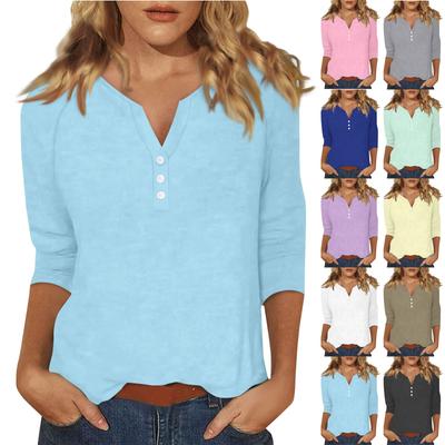 Жен. Футболка Футболка С принтом Пуговицы Рукав 3/4 Повседневные Выходные Мода Классический Классический V-образный вырез Обычный Верх