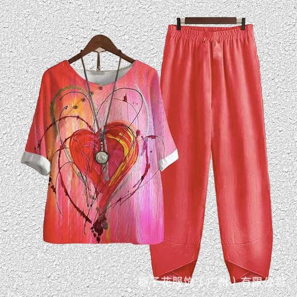 Europe beautiful women casual suit popular fashion summer new five-quarter sleeve printed top pants two-piece set