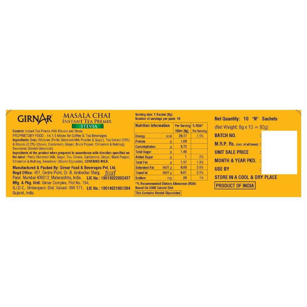 Girnar Instant Masala Chai Premix With Stevia Black Tea Granules 10 Sachets 90g