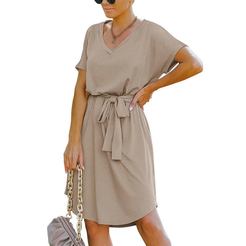 Женское мини-платье с высокой талией и коротким рукавом, базовое струящееся платье, свободное платье с v-образным вырезом, однотонное вечернее платье с поясом